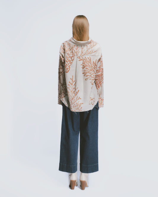 Khaki Conifer Print Funnel Neck Top 