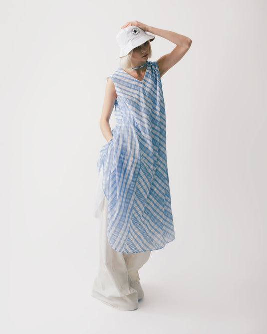 Blue and white checkered sleeveless V-neck dress