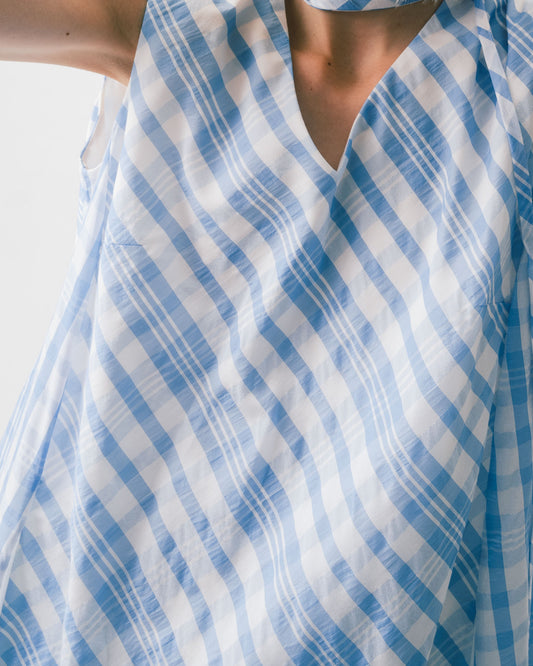 Blue and white checkered sleeveless V-neck dress