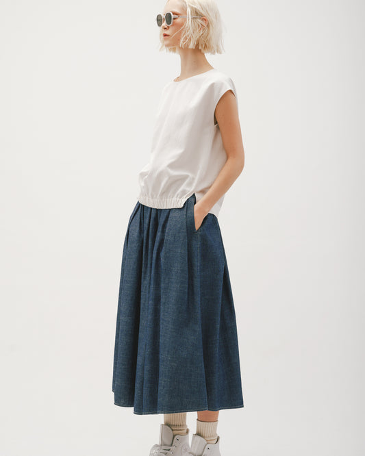 Gray-blue denim pleated skirt 