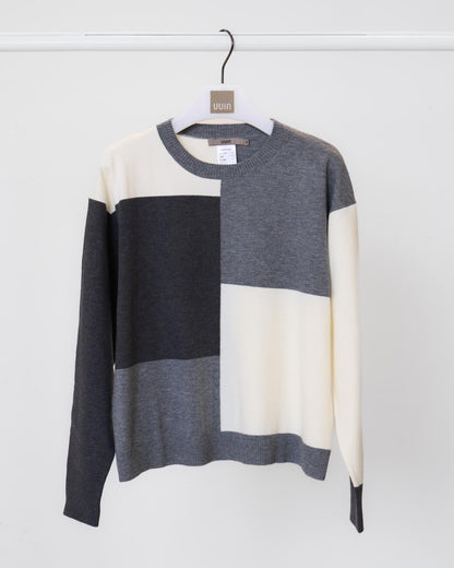 色塊拼接長袖針織上衣(灰色)
