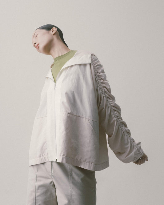 Beige Hooded Shirred Jacket