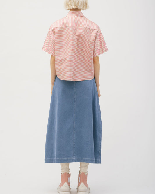 Washed blue patchwork denim skirt 