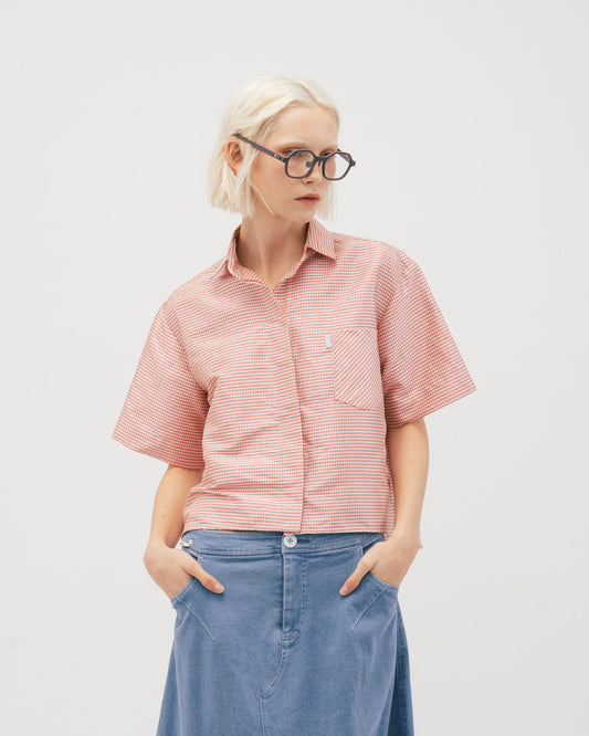 Washed blue patchwork denim skirt 