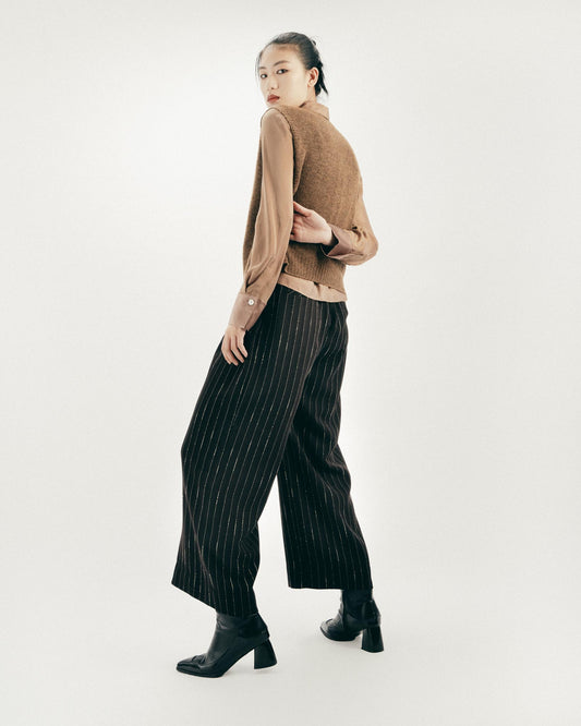 Dark coffee white striped high waist pants 