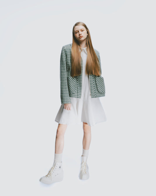 Houndstooth Waisted Wool Jacket (Green) 