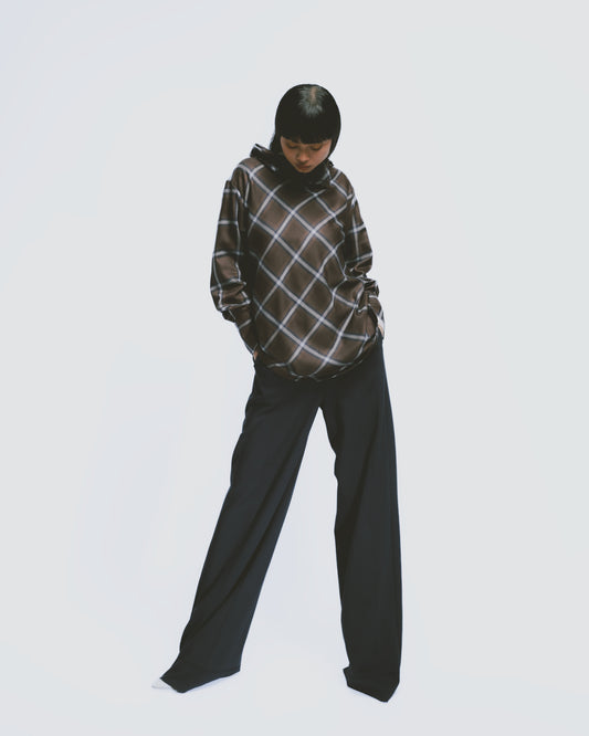 Retro coffee plaid funnel neck top 