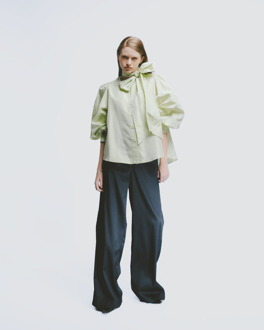 Silk Palace Sleeve Tie-Neck Top (Green) 